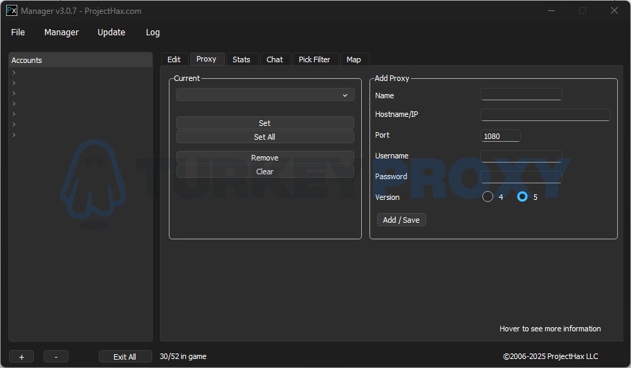 Phbot Proxy Manager arayuzu - SOCKS5 proxy ekleme ekrani