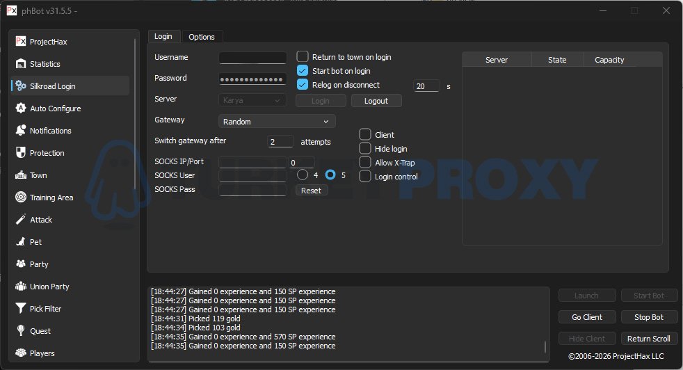 Phbot proxy ayarlari ekrani - SOCKS5 IP port kullanici sifre giris